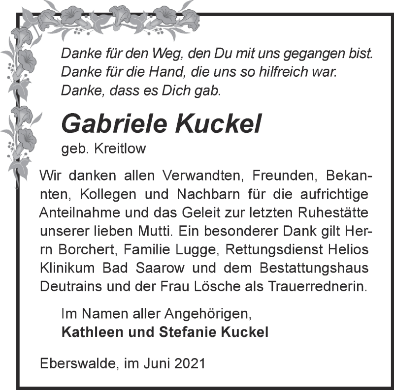  Traueranzeige für Gabriele Kuckel vom 10.07.2021 aus Märkische Oderzeitung