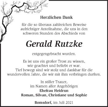 Traueranzeige von Gerald Rutzke von Märkische Oderzeitung