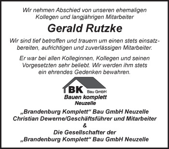 Traueranzeige von Gerald Rutzke von Märkische Oderzeitung