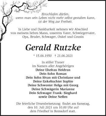 Traueranzeige von Gerald Rutzke von Märkische Oderzeitung