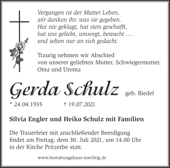 Traueranzeige von Gerda Schulz von Märkische Oderzeitung