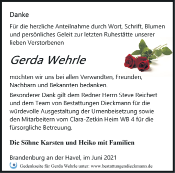 Traueranzeige von Gerda Wehrle von Märkische Oderzeitung