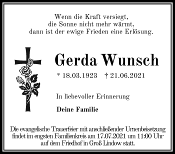 Traueranzeige von Gerda Wunsch von Märkische Oderzeitung