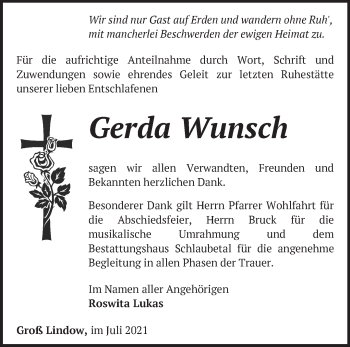 Traueranzeige von Gerda Wunsch von Märkische Oderzeitung