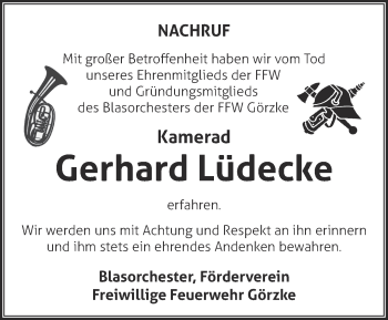 Traueranzeige von Gerhard Lüdecke von Märkische Oderzeitung