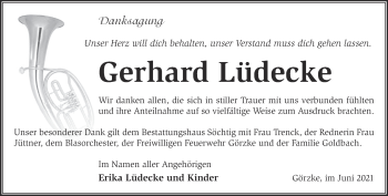 Traueranzeige von Gerhard Lüdecke von Märkische Oderzeitung