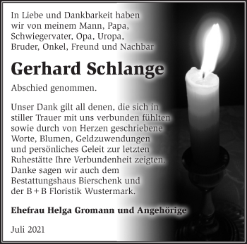 Traueranzeige von Gerhard Schlange von Märkische Oderzeitung