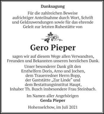 Traueranzeige von Gero Pieper von Märkische Oderzeitung