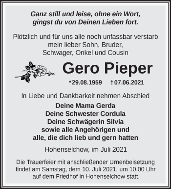 Traueranzeige von Gero Pieper von Märkische Oderzeitung