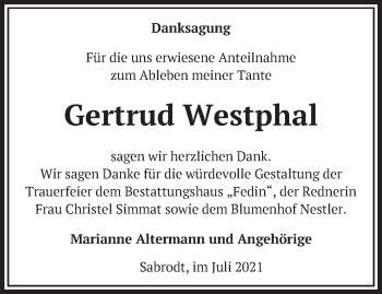 Traueranzeige von Gertrud Westphal von Märkische Oderzeitung