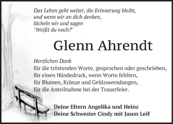 Traueranzeige von Glenn Ahrendt von Märkische Oderzeitung