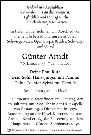 Traueranzeige von Günter Arndt von Märkische Oderzeitung