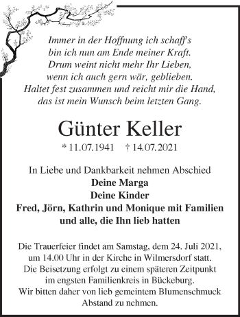 Traueranzeige von Günter Keller von Märkische Oderzeitung