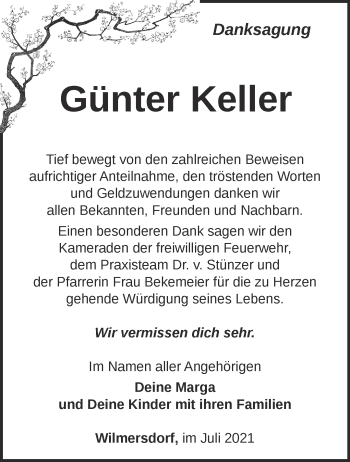 Traueranzeige von Günter Keller von Märkische Oderzeitung