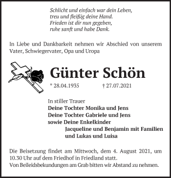 Traueranzeige von Günter Schön von Märkische Oderzeitung