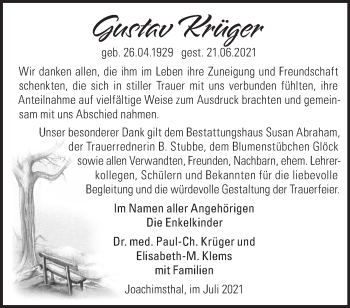 Traueranzeige von Gustav Krüger von Märkische Oderzeitung