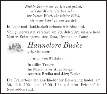 Traueranzeige von Hannelore Buske von Märkische Oderzeitung