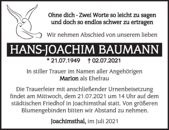 Traueranzeige von Hans-Joachim Baumann von Märkische Oderzeitung