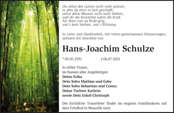 Traueranzeige von Hans-Joachim Schulze von Märkische Oderzeitung