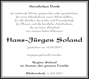 Traueranzeige von Hans-Jürgen Soland von Märkische Oderzeitung