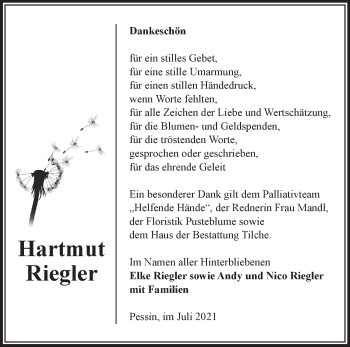 Traueranzeige von Hartmut Riegler von Märkische Oderzeitung