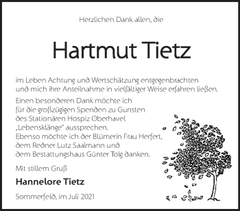 Traueranzeige von Hartmut Tietz von Märkische Oderzeitung