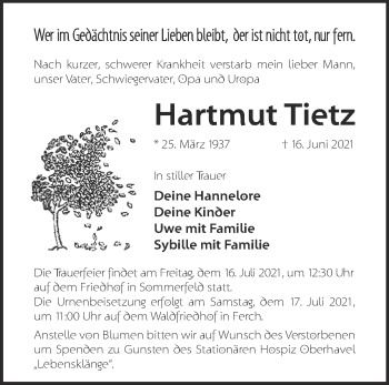 Traueranzeige von Hartmut Tietz von Märkische Oderzeitung