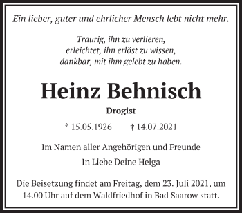 Traueranzeige von Heinz Behnisch von Märkische Oderzeitung