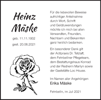 Traueranzeige von Heinz Mäske von Märkische Oderzeitung