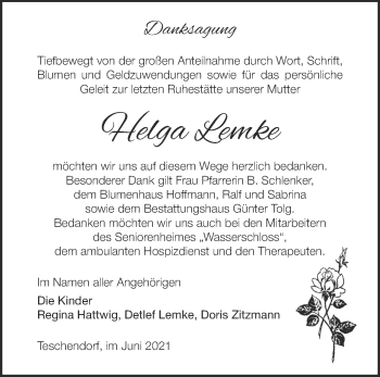 Traueranzeige von Helga Lemke von Märkische Oderzeitung