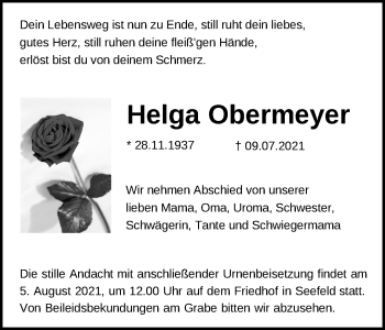 Traueranzeige von Helga Obermeyer von Märkische Oderzeitung