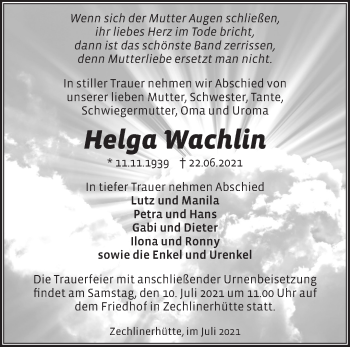 Traueranzeige von Helga Wachlin von Märkische Oderzeitung