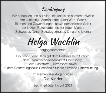 Traueranzeige von Helga Wachlin von Märkische Oderzeitung