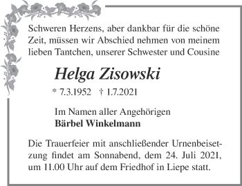 Traueranzeige von Helga Zisowski von Märkische Oderzeitung