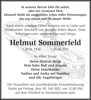 Traueranzeige von Helmut Sommerfeld von Märkische Oderzeitung