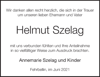 Traueranzeige von Helmut Szelag von Märkische Oderzeitung