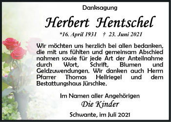 Traueranzeige von Herbert Hentschel von Märkische Oderzeitung