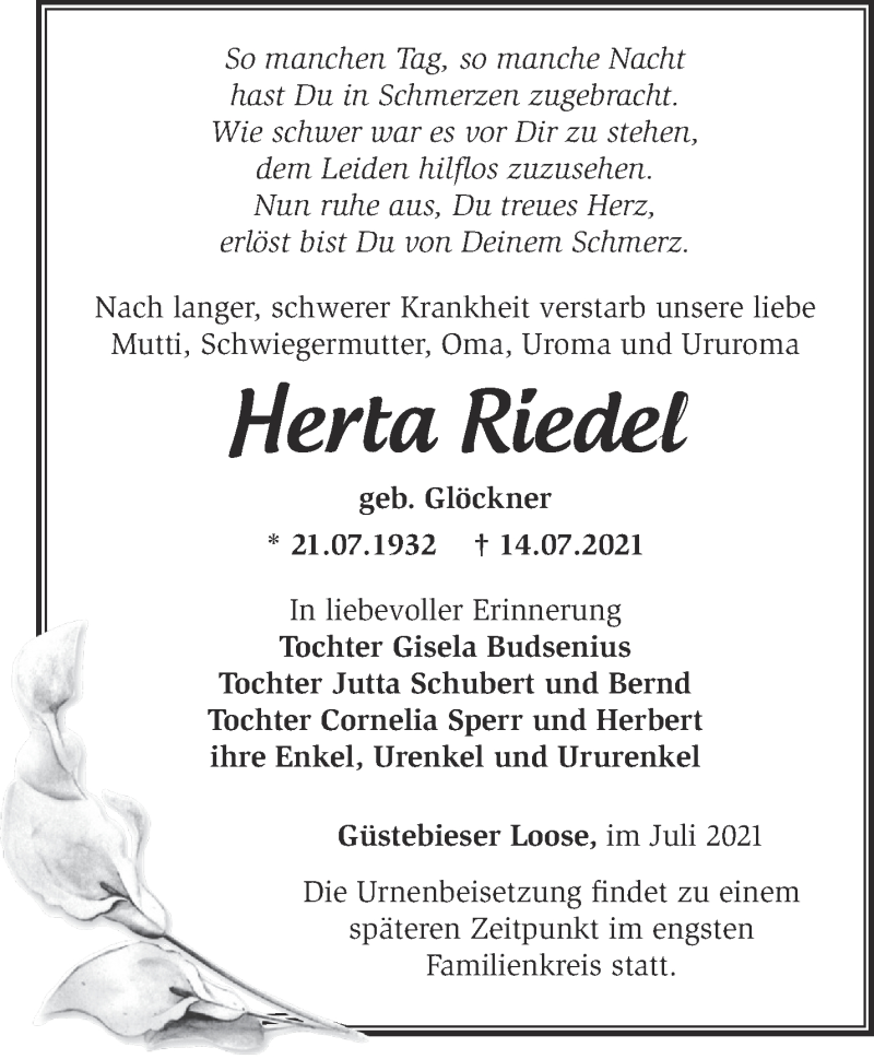  Traueranzeige für Herta Riedel vom 22.07.2021 aus Märkische Oderzeitung