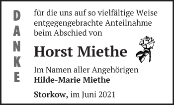 Traueranzeige von Horst Miethe von Märkische Oderzeitung