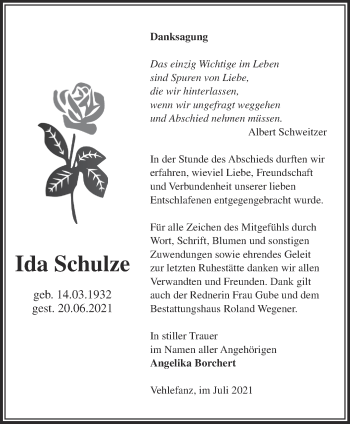 Traueranzeige von Ida Schulze von Märkische Oderzeitung