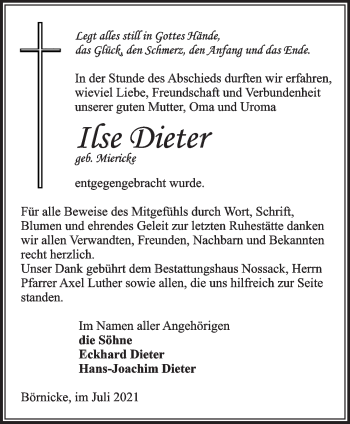 Traueranzeige von Ilse Dieter von Märkische Oderzeitung