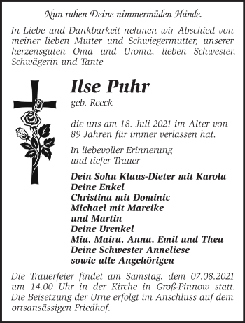 Traueranzeige von Ilse Puhr von Märkische Oderzeitung