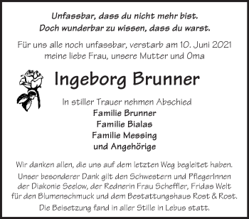 Traueranzeige von Ingeborg Brunner von Märkische Oderzeitung