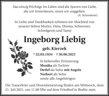 Traueranzeige von Ingeborg Liebig von Märkische Oderzeitung