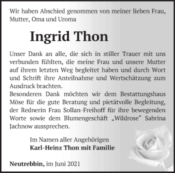 Traueranzeige von Ingrid Thon von Märkische Oderzeitung