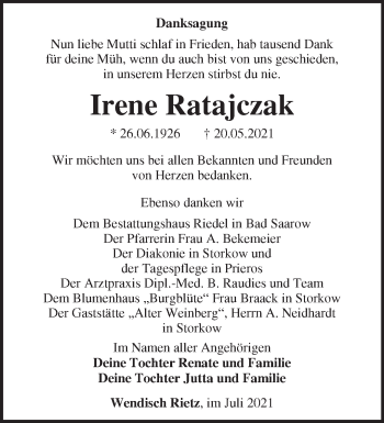 Traueranzeige von Irene Ratajczak von Märkische Oderzeitung