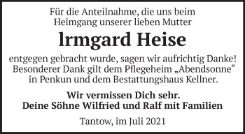 Traueranzeige von Irmgard Heise von Märkische Oderzeitung