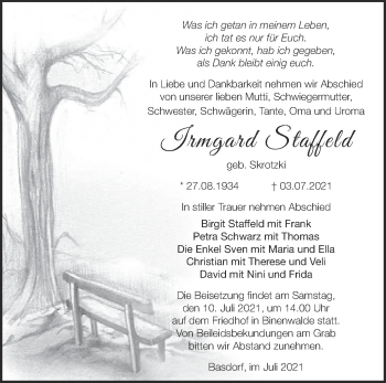 Traueranzeige von Irmgard Staffeld von Märkische Oderzeitung