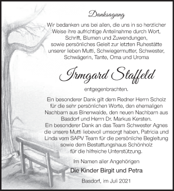 Traueranzeige von Irmgard Staffeld von Märkische Oderzeitung