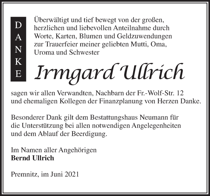  Traueranzeige für Irmgard Ullrich vom 04.07.2021 aus Märkische Oderzeitung